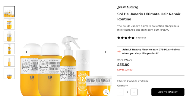 Screenshot showing Sol De Janeiro Ultimate Hair Repair Routine for £55.80 at Look Fantastic