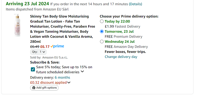 Screenshot showing Skinny Tan Body Glow Moisturising Gradual Tan Lotion for £6.17 at Amazon