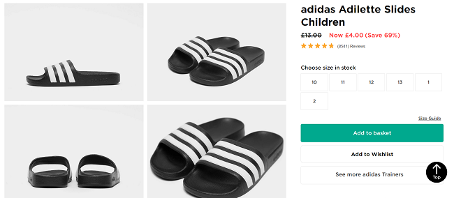 Screenshot showing Children's adidas Adilette Slides for £4 at JD Sports