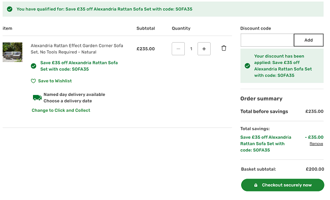 Screenshot showing Alexandria Rattan Effect Garden Corner Sofa Set for £200 with code at Homebase