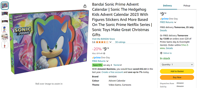 Screenshot showing Sonic Prime Advent Calendar for £9.14 at Amazon