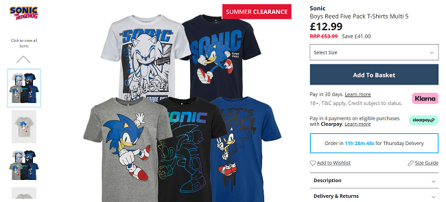 Screenshot showing Sonic the Hedgehog Five Pack T-Shirts for £12.99 at MandM Direct