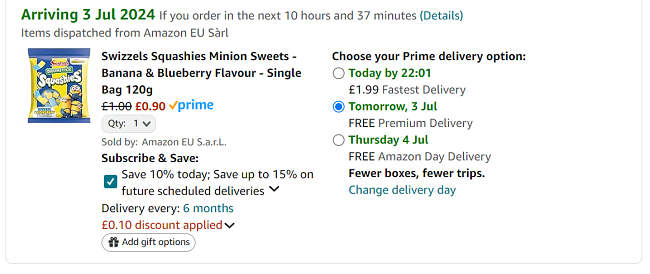 Screenshot showing Swizzels Squashies Minions Sweets for 90p at Amazon