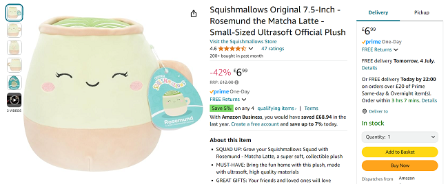 Screenshot showing Squishmallows 7.5 Inch Toy for £6.99 at Amazon