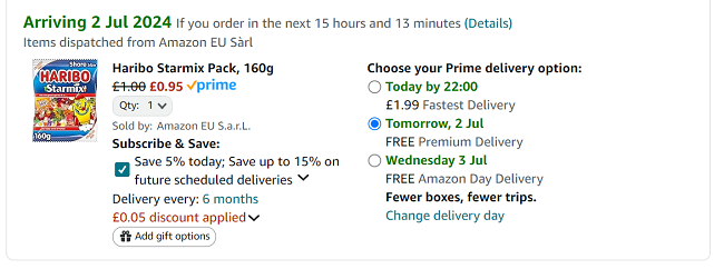 Screenshot showing Haribo Starmix Share Size 160g for 95p at Amazon