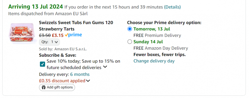 Screenshot showing Swizzels Sweet Tubs Fun Gums 120 Strawberry Tarts for £3.15 at Amazon