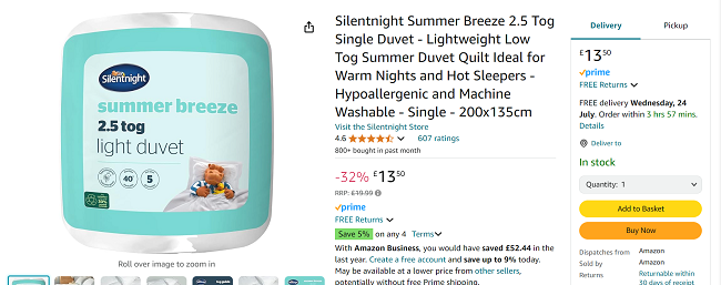 Screenshot showing Silentnight Summer Breeze 2.5 Tog Single Duvet for £13.50 at Amazon