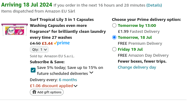 Screenshot showing Surf Tropical Lily 3 in 1 Washing Capsules 27 Washes for £3.44 at Amazon