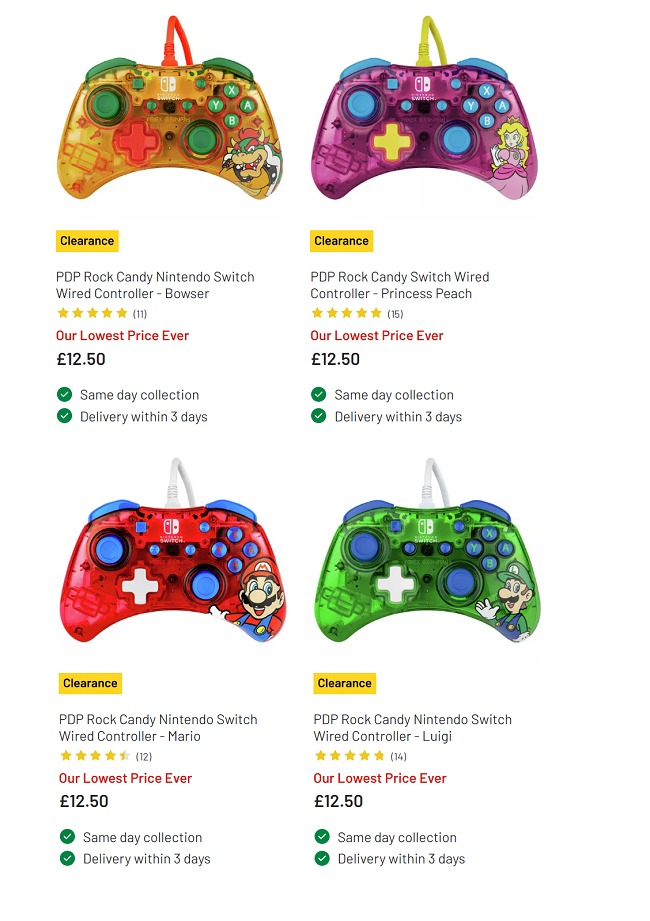 Screenshot showing PDP Rock Candy Nintendo Switch Wired Controllers for £12.50 at Argos