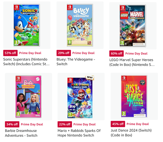 Screenshot showing reduced Nintendo Switch Games at Amazon