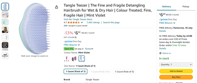 Screenshot showing Tangle Teezer Fine & Fragile Detangling Hairbrush for £6.60 at Amazon