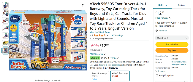 Screenshot showing Vtech Toot-Toot Drivers 4-in-1 Raceway for £12 at Amazon