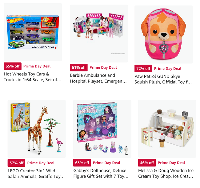Screenshot showing Amazon Prime Day deals on toys