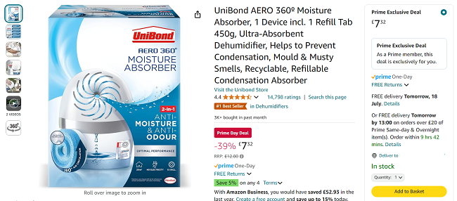 Screenshot showing UniBond AERO 360º Moisture Absorber for £7.32 at Amazon for Prime members