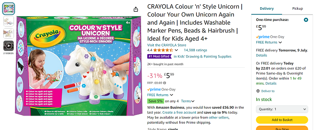 Screenshot showing Crayola Colour 'n' Style Unicorn for £5.99 at Amazon