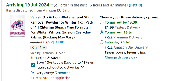 Screenshot showing Vanish Oxi Action Whitener and Stain Remover Powder for Whites 1kg for £5.20 at Amazon