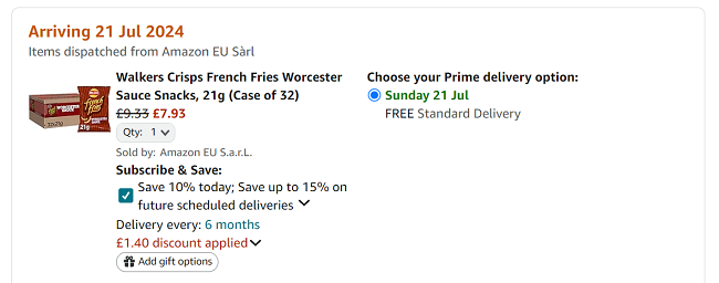 Screenshot showing Walkers Crisps French Fries Worcester Sauce Snacks, 21g (Case of 32) for £7.93 at Amazon