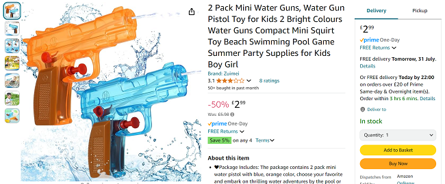 Screenshot showing 2 Pack Mini Water Guns for £2.99 from Amazon seller Onlkeow 