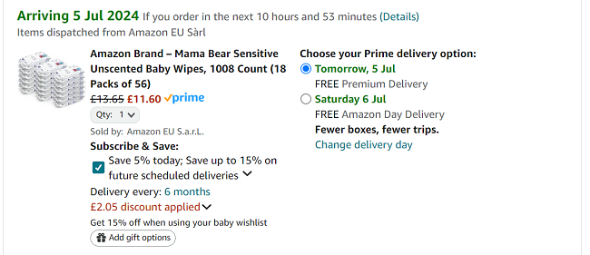 Screenshot showing Pack Of 18 Mama Bear Sensitive Unscented Baby Wipes for £11.60 at Amazon