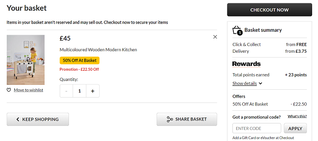 Screenshot showing Multicoloured Wooden Modern Kitchen for £22.50 at Asda George