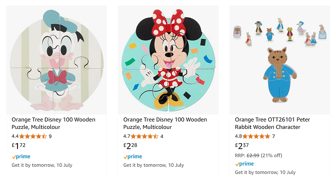 Screenshot showing Orange Tree Wooden Toys from £1.72 at Amazon