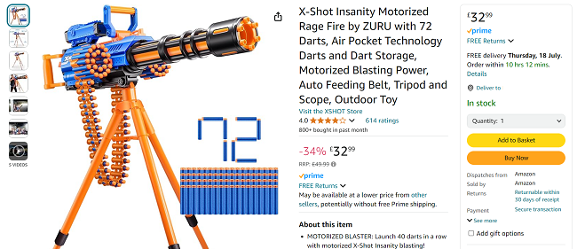 Screenshot showing X-Shot Insanity Motorized Rage Fire with 72 Darts for £32.99 at Amazon