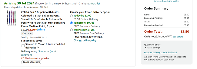 Screenshot showing Zebra Pen Z Grip Smooth Multi-Coloured & Black Ballpoint Pens 5 Pack for £1.50 at Amazon