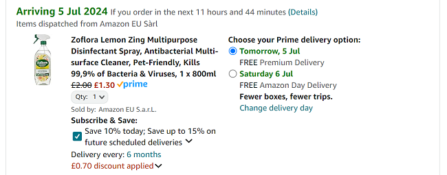 Screenshot showing Zoflora Lemon Zing Multipurpose Disinfectant Spray 800ml for £1.30 at Amazon
