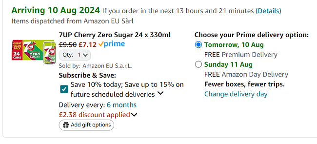 Screenshot showing 7UP Cherry Zero Sugar 24 x 330ml for £7.12 at Amazon