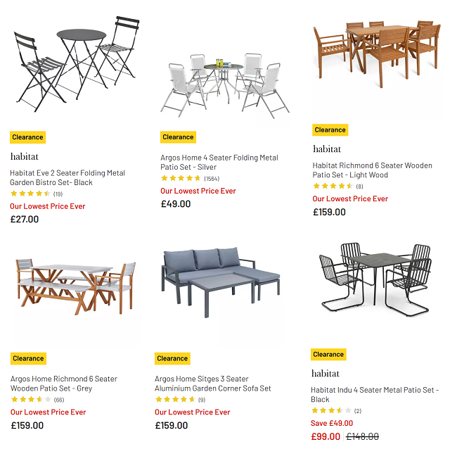 Screenshot showing Garden Clearance items at Argos