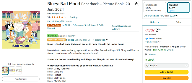Screenshot showing Bluey Bad Mood Book for £2 at Amazon