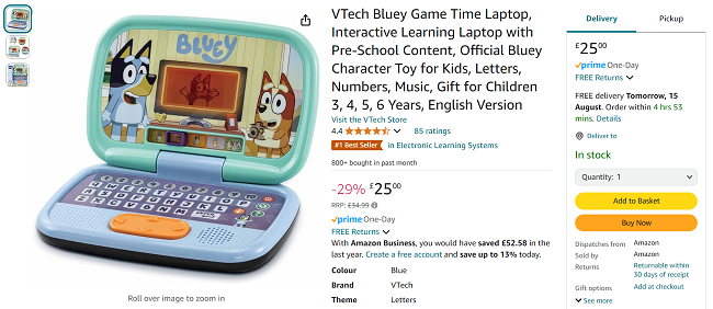 Screenshot showing VTech Bluey Game Time Laptop for £25 at Amazon