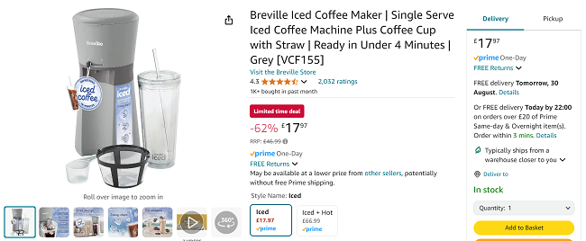 Screenshot showing Breville VCF155 Iced Coffee Machine for £17.97 at Amazon