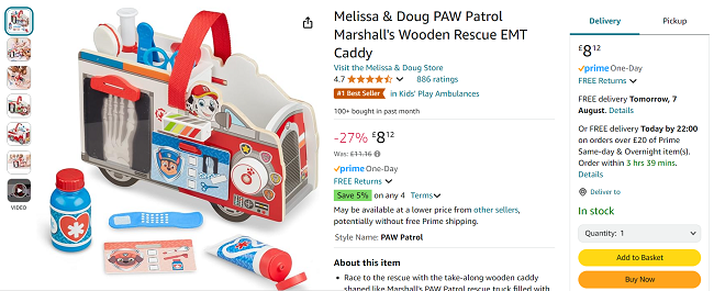 Screenshot showing Melissa & Doug PAW Patrol Marshall's Wooden Rescue EMT Caddy for £8.12 at Amazon