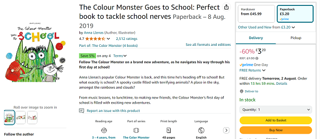 Screenshot showing The Colour Monster Goes to School book for £3.20 at Amazon