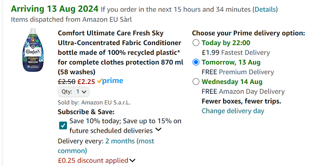 Screenshot showing Comfort Fabric Conditioner 58 Wash for £2.25 at Amazon