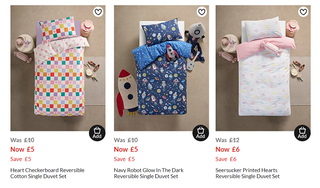 Screenshot showing reduced Kids Duvet Sets at Asda George