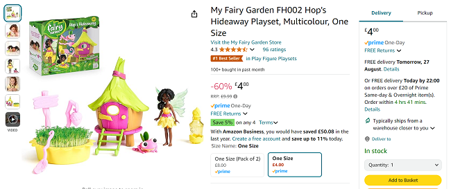 Screenshot showing My Fairy Garden Hop's Hideaway Playset for £4 at Amazon
