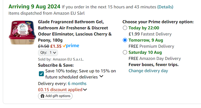 Screenshot showing Glade Fragranced Bathroom Gel Luscious Cherry & Peony for £1.35 at Amazon