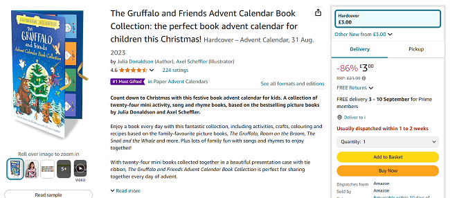 Screenshot showing The Gruffalo and Friends Advent Calendar Book Collection £3 at Amazon