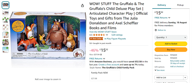 Screenshot showing The Gruffalo & The Gruffalo's Child Deluxe Play Set for £15.02 at Amazon