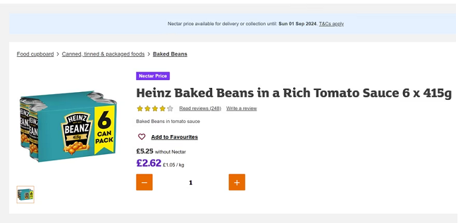 Screenshot showing half price Heinz beans at Sainsbury's