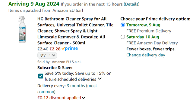 Screenshot showing HG Bathroom Cleaner Spray 500ml for £2.28 at Amazon