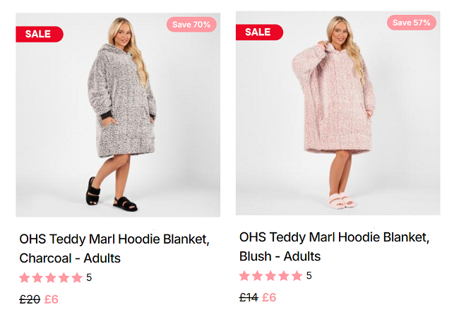Screenshot showing Adults Teddy Marl Hoodie Blankets for £6 at Online Home Shop