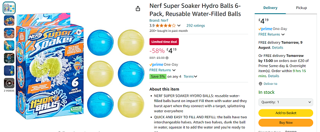 Screenshot showing Nerf Super Soaker Hydro Balls 6 Pack for £4.19 at Amazon