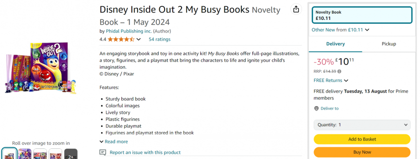 Screenshot showing Disney Inside Out 2 My Busy Book for £10.11 at Amazon