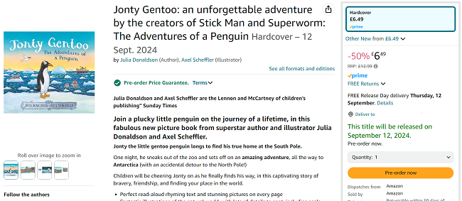 Screenshot showing Jonty Gentoo: The Adventures Of A Penguin book for £6.49 at Amazon
