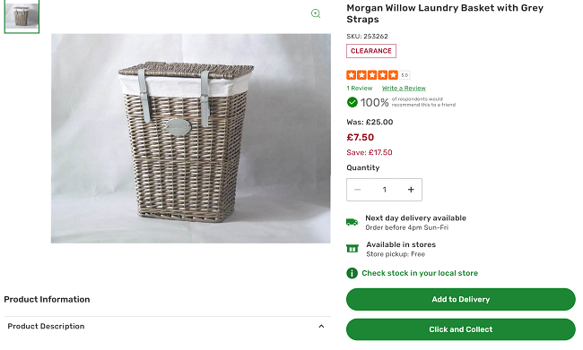 Screenshot showing Morgan Willow Laundry Basket with Grey Straps for £7.50 at Homebase