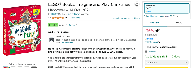 Screenshot showing LEGO Imagine & Play Christmas Books & Bricks Set for £4 at Amazon