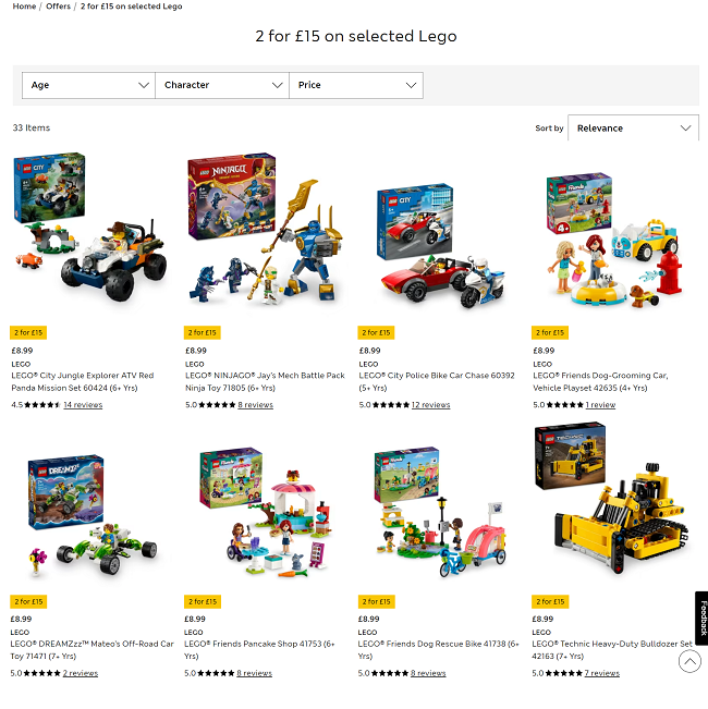 Screenshot showing 2 for £15 on selected LEGO offer at Marks & Spencer